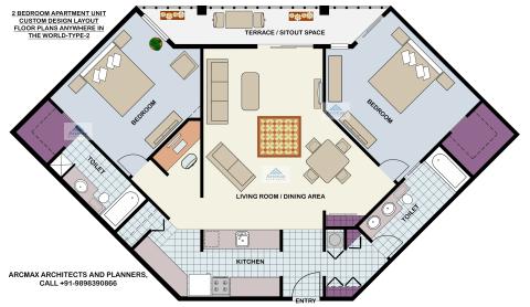 2 BEDROOM APARTMENT UNIT CUSTOM DESIGN LAYOUT FLOOR PLANS ANYWHERE IN THE WORLD-TYPE-2