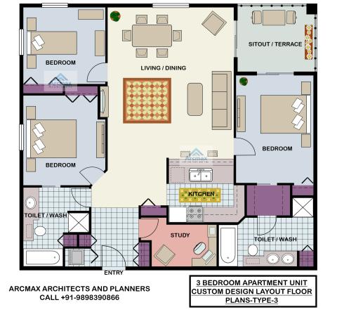 3 BEDROOM APARTMENT UNIT CUSTOM DESIGN LAYOUT FLOOR PLANS-TYPE-3